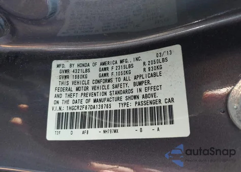 2013 Honda Accord Sdn Ex-L from USA, damaged, VIN 1HGCR2F87DA139765